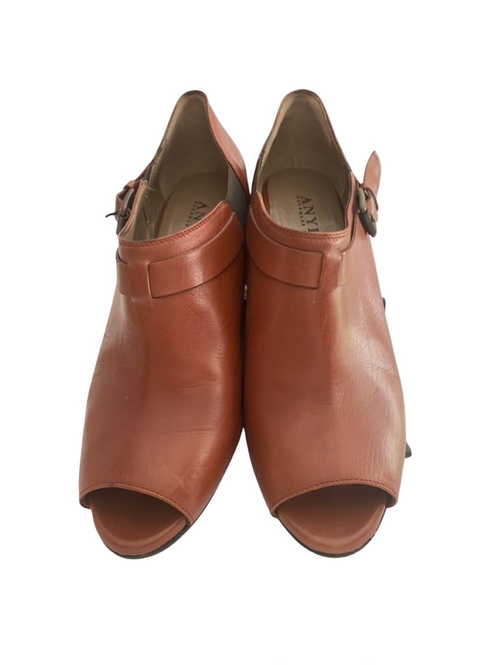 NEW ANYI LU Peep Toe Buckle Wedges Booties Ankle Boots Leather Brown Cognac